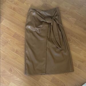 Brown Wrap Pleather Midi Skirt with Tie Front.